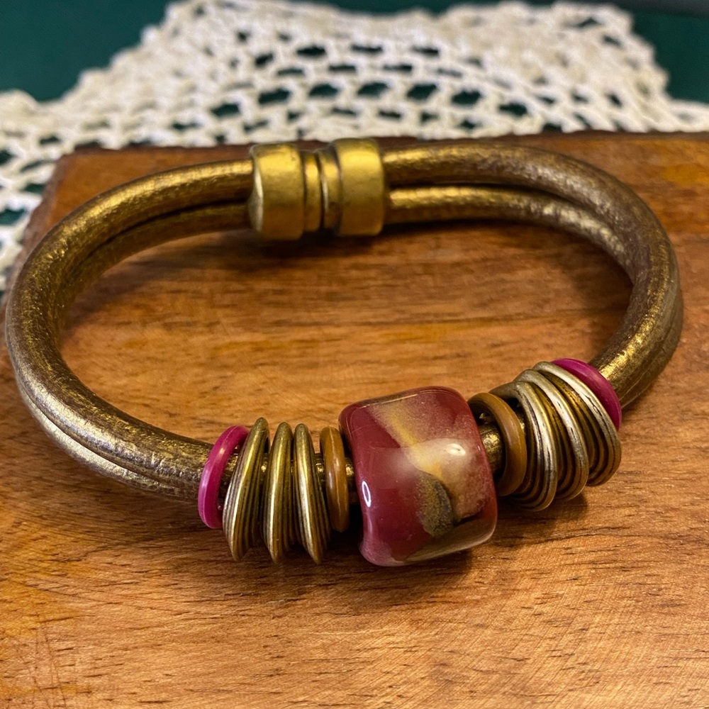 Bronzed Double Strand Leathered Bracelet with Maroon Gold Glass Bead Accent